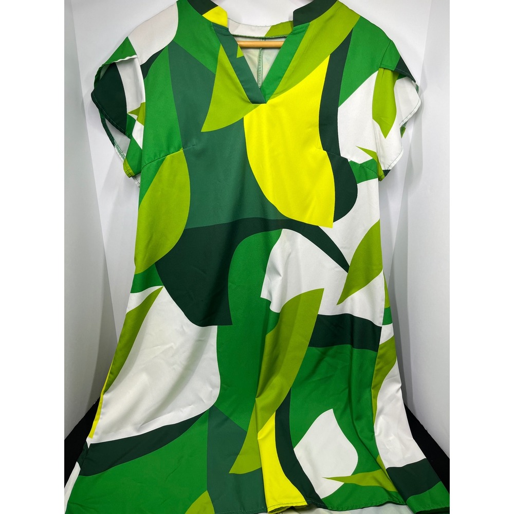 Green Yellow White Geometric Abstract Print V-Neck Cap Sleeve Shift Dress Medium